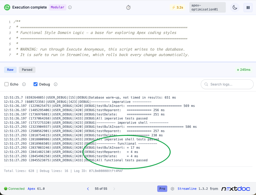 Streamline debug log showing test timings for imperative, imperative shell and functional handlers